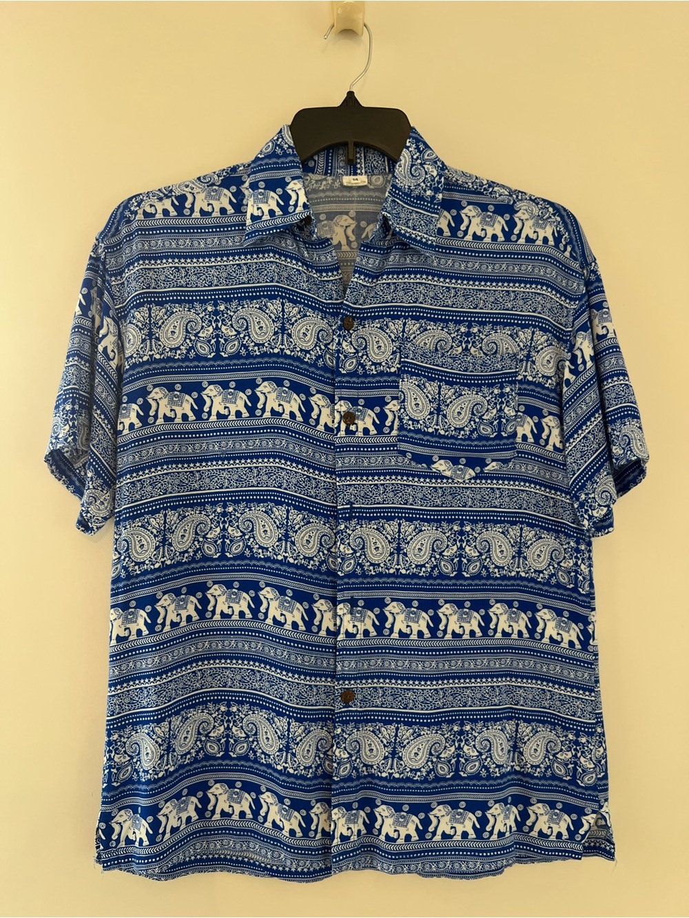 Blue Short-Sleeve Button-Up Shirt with Elephant Print